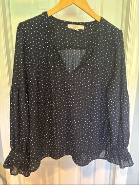 LOFT Navy with White Polka Dot V-Neck Ruffled Sleeve Blouse